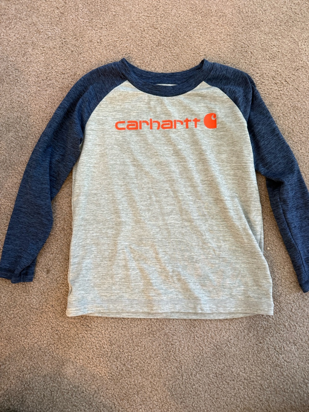 Carhartt Heather Gray and Navy Long Sleeve Raglan Shirt with Orange Logo